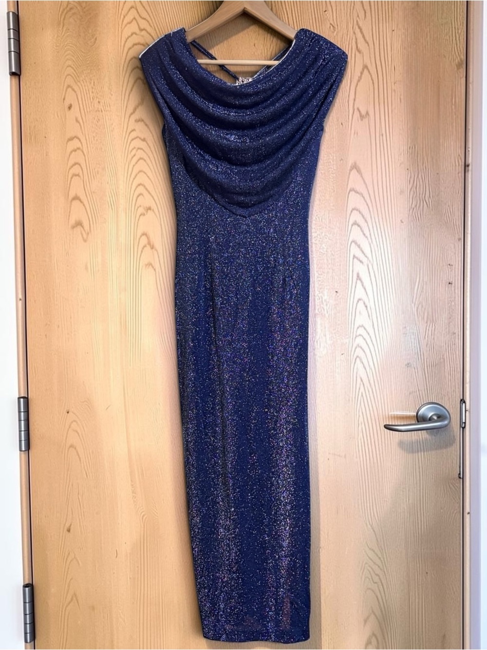 Lori Weidner Evenings Shimmer Cowl Neck Maxi Dress Navy Blue Evening Gown Sz 8